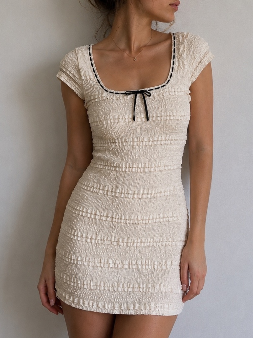 Madden NYC Cream Lace Tiered Mini Dress Ruffle Bow XS‎ Coquette Balletcore